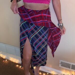 Topshop Two-Tone Asymmetrical Plaid Skirt in Navy & Red